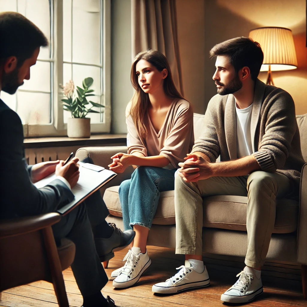 Marriage Counselling session with a couple and a therapist discussing relationship issues in a professional setting.