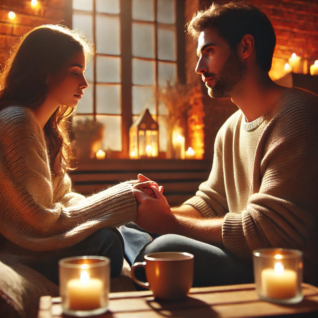 A couple having a heartfelt conversation in a cozy, peaceful setting, symbolizing emotional support and understanding Anxiety in relationships 