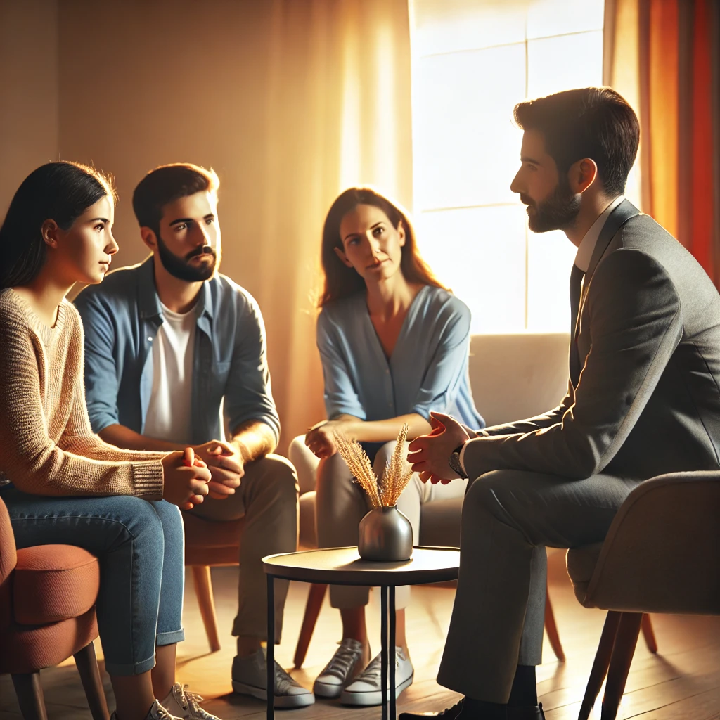 A professional family counselling session where a therapist is guiding a family of four in a warm and inviting office setting.