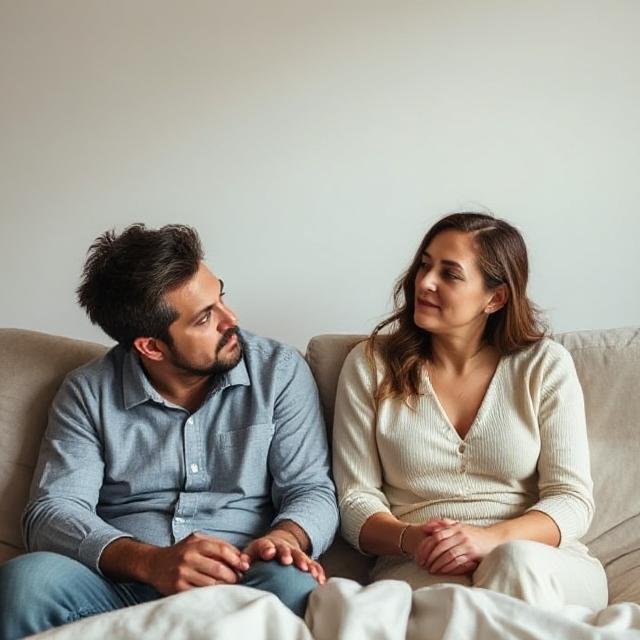 A couple sits together on a couch having a serious conversation, showing a moment of connection and reflection during couples therapy after infidelity.