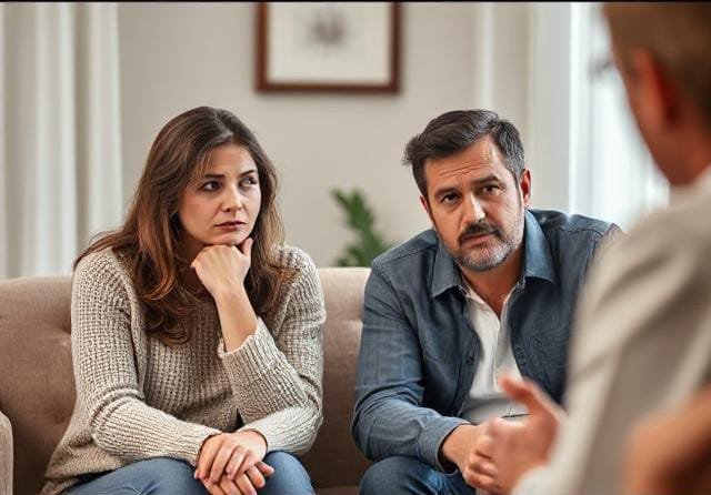 A couple sits together on a couch, listening attentively to a therapist during a serious discussion in couples therapy after infidelity.